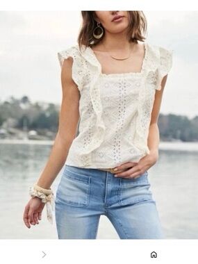 Spartina 449 White Eyelet Ruffle Sleeve Top zip side size  Medium